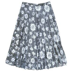 Hubert Gasser Pleated Midi Skirt Womens 46 Large Gray White Floral Elastic Waist